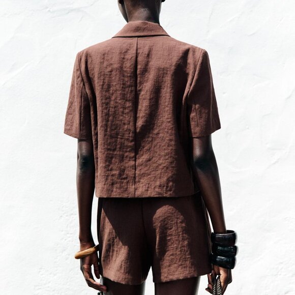 Zara CROPPED SHORT SLEEVE BLAZER, brown, XS - Picture 2 of 5